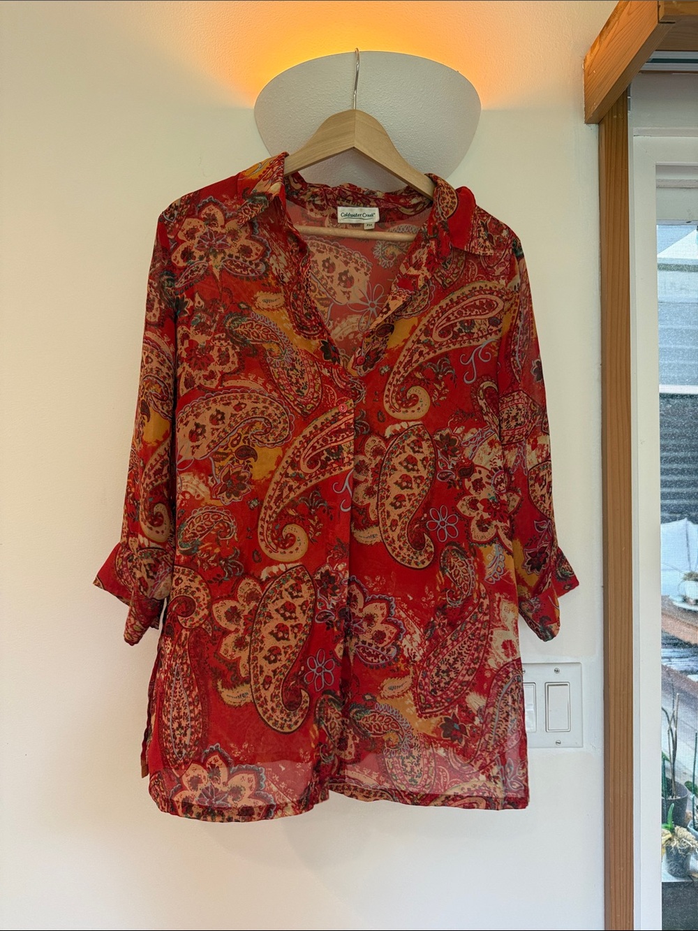 Coldwater Creek Red Paisley Sheer Button-Down Blouse